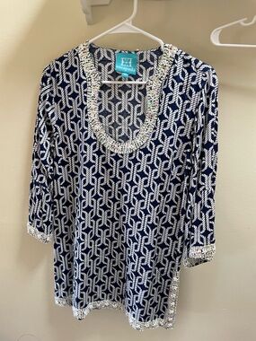 escapada Navy and White Embellished V-Neck Tunic